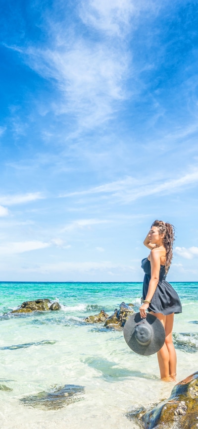 Women Model, Dress, Hat, Beach, Ocean, Horizon, 1080x2340