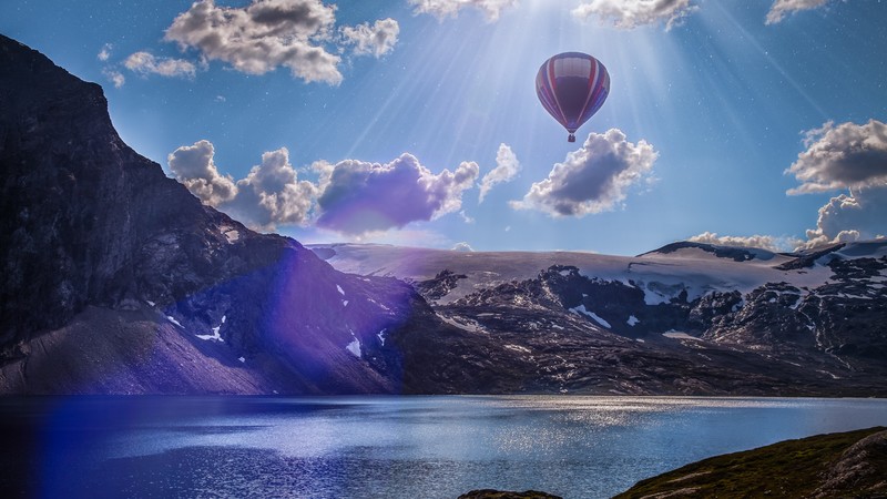 Norway, 4k, balloon, lake, mountains, clouds