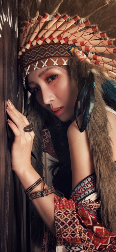 Women Native American, Headdress, Asian, Brown Eyes, Feather, Model, 1080x2340