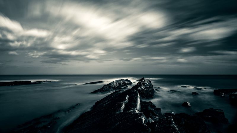 rocks, water, sky, gloomy, dark, 4k