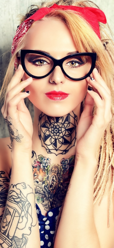 Women Tattoo, Glasses, Lipstick, Blonde, Model, 1080x2340
