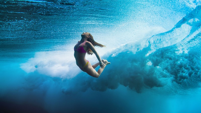 Surfing, girl, sea, underwater