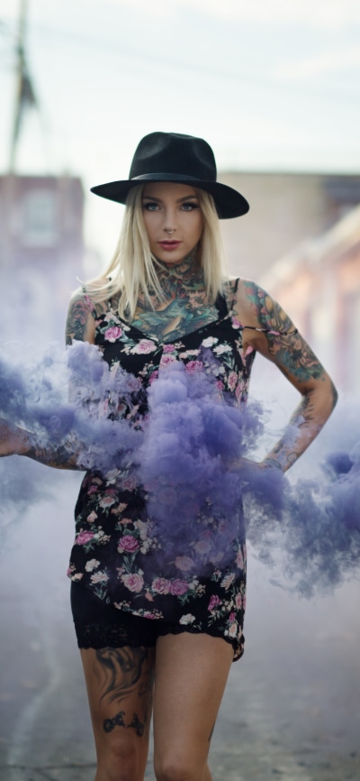 Women Tattoo, Smoke, Model, Blonde, Hat, 1080x2340