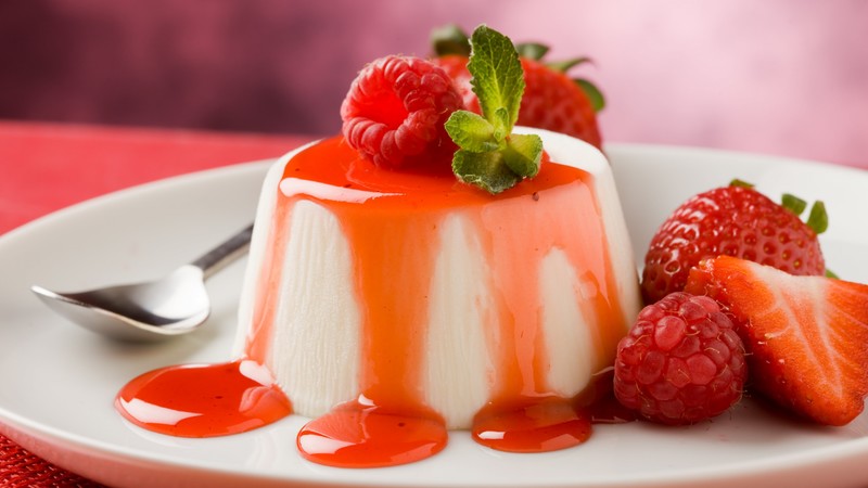Panna cotta, strawberry, raspberry, syrup