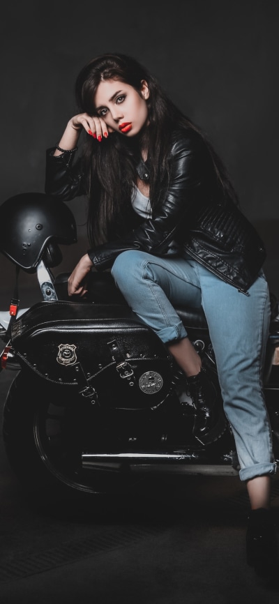 Women Model, Leather Jacket, Lipstick, Black Hair, Brown Eyes, 1080x2340