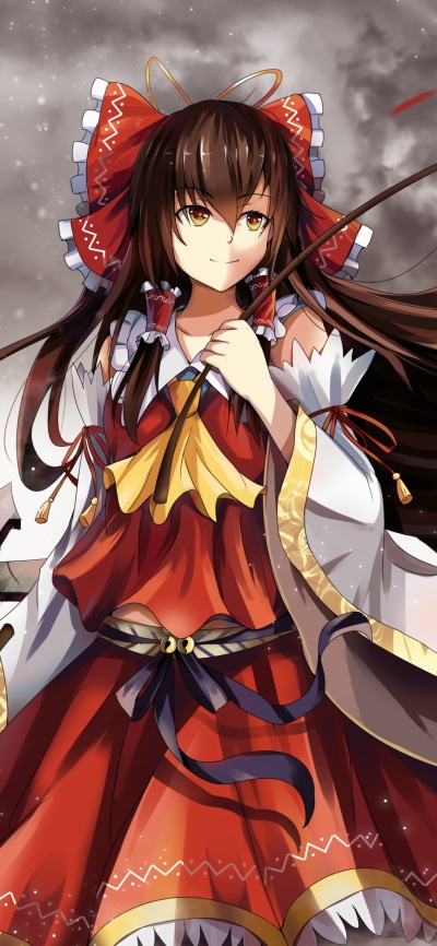 Anime Touhou, Japanese Clothes, Reimu Hakurei, Long Hair, Brown Hair, 1080x2340