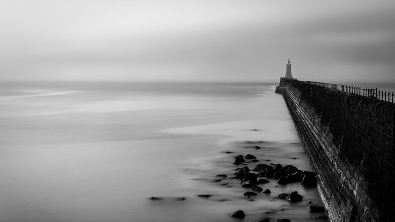 lighthouse, gloomy, stones, bw, 4k