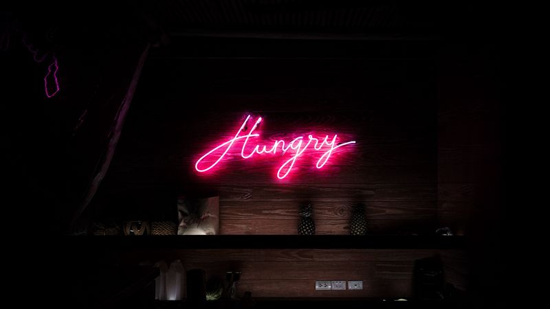 inscription, words, neon, hungry, 4k
