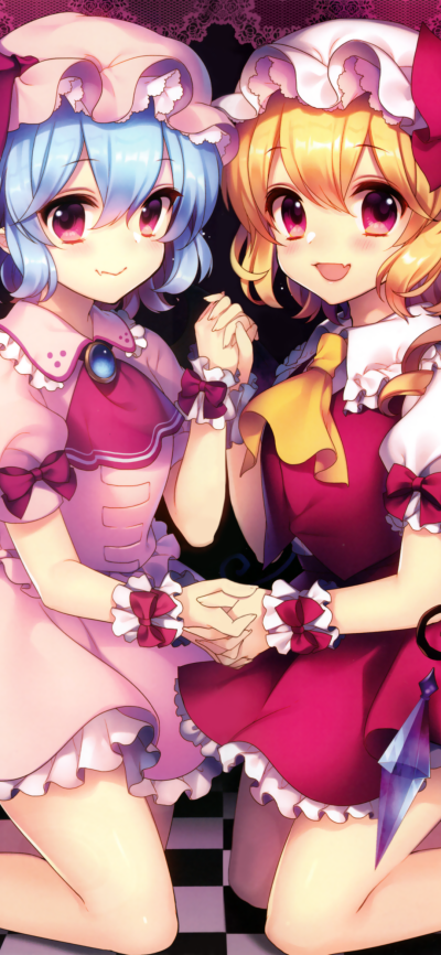 Anime Touhou, Blue Hair, Red Eyes, Pointed Ears, Blonde, Flandre Scarlet, 1080x2340