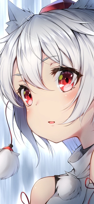 Anime Touhou, Blush, Momiji Inubashiri, Short Hair, White Hair, Red Eyes, 1080x2340