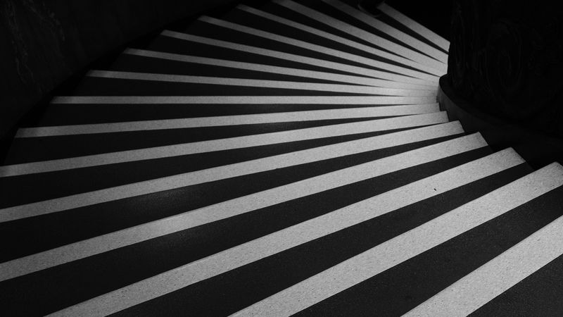 steps, stairs, twisting, bw, 4k