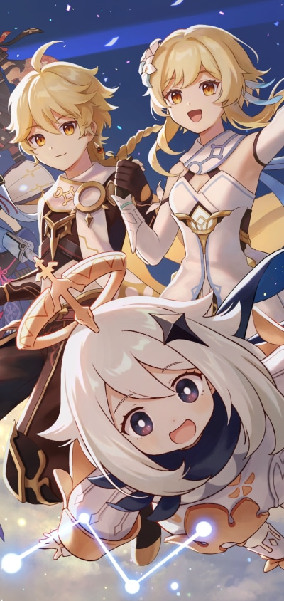 Video Game Genshin Impact, Paimon (Genshin Impact), Aether (Genshin Impact), Lumine (Genshin Impact), 1080x2280