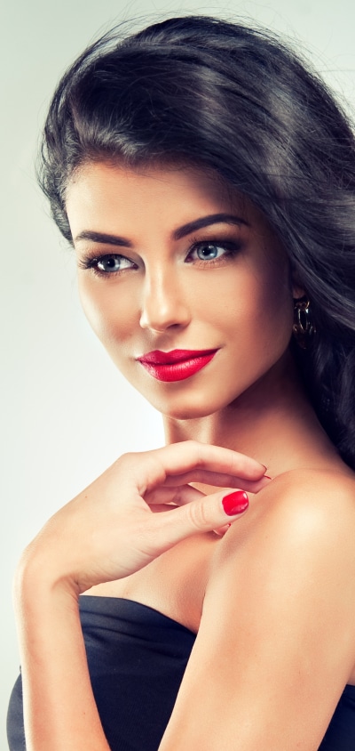 Women Model, Lipstick, Black Hair, Blue Eyes, 1080x2280
