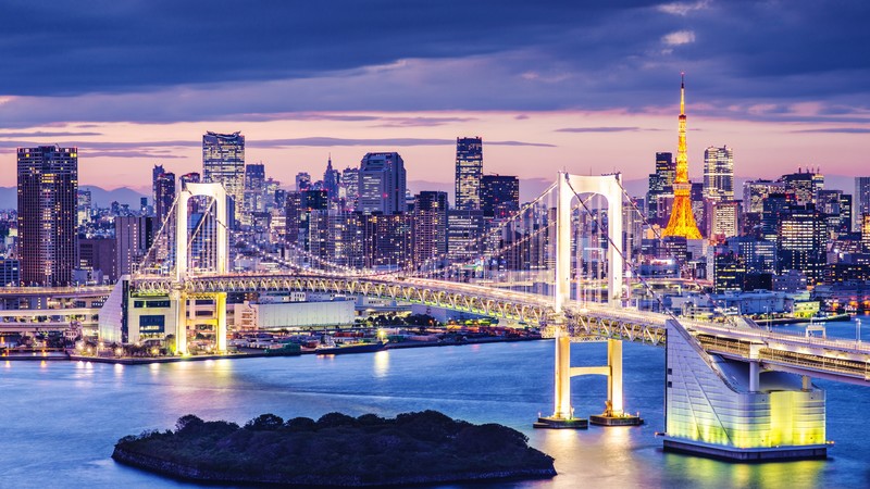 Tokyo Bay, Japan, bridge, night, travel, tourism