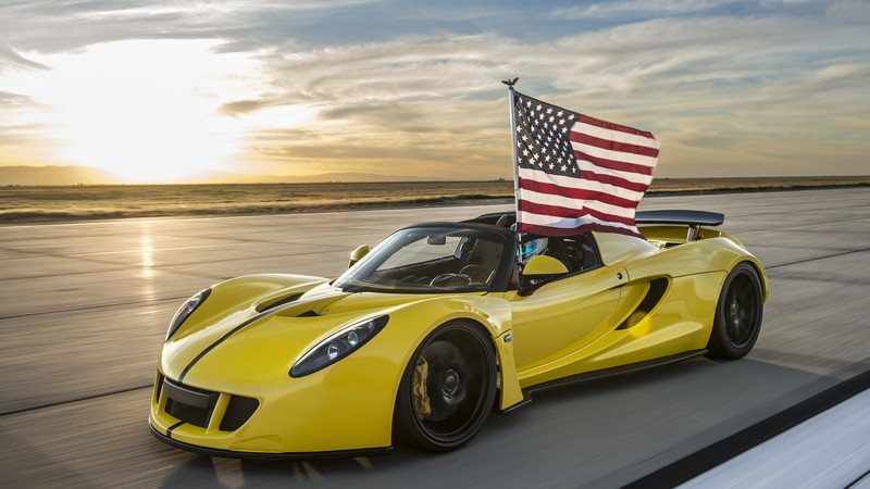 Hennessey Venom GT Spyder, yellow, flag USA, sport car, racing