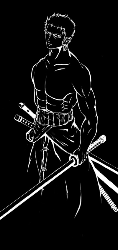 Anime One Piece, Black and White, Roronoa Zoro, 1080x2280