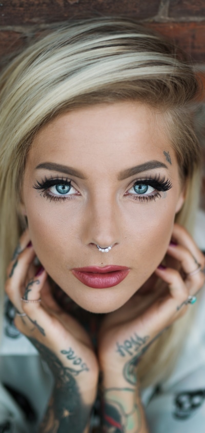Women Tattoo, Model, Blue Eyes, Blonde, 1080x2280