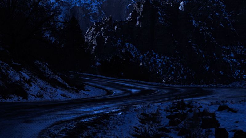 road, mountain, night, starry sky, 4k