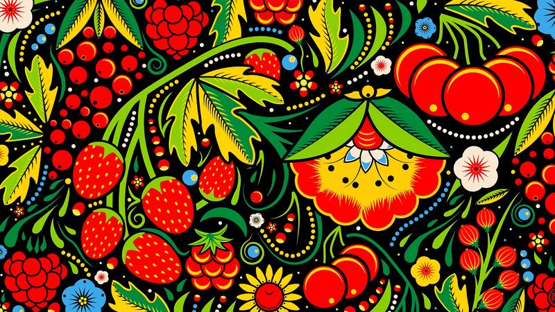 pattern, berry, flowers, painting, 4k