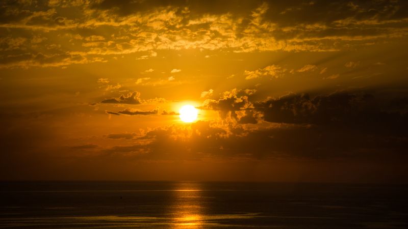 sun, sunset, horizon, sea, glare, 4k
