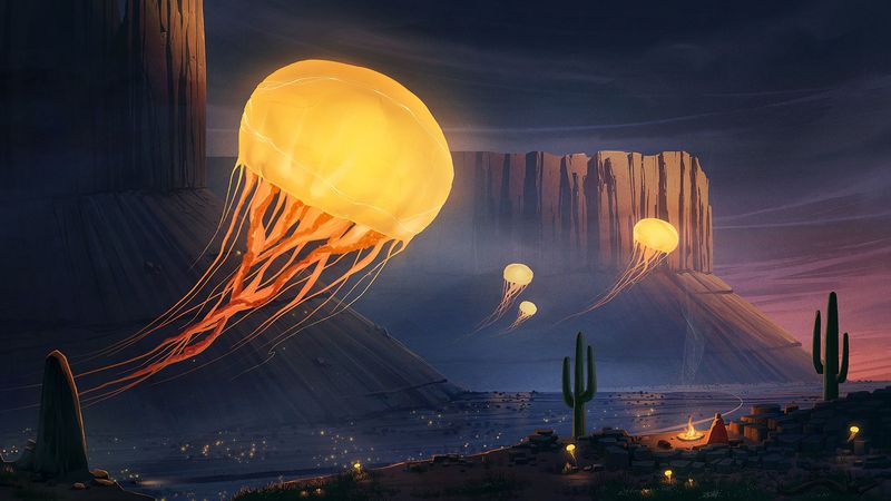 jellyfish, cactus, canyon, art, 4k