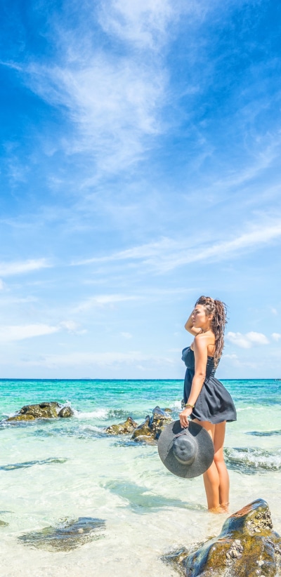 Women Model, Hat, Ocean, Beach, Dress, Horizon, 1080x2220