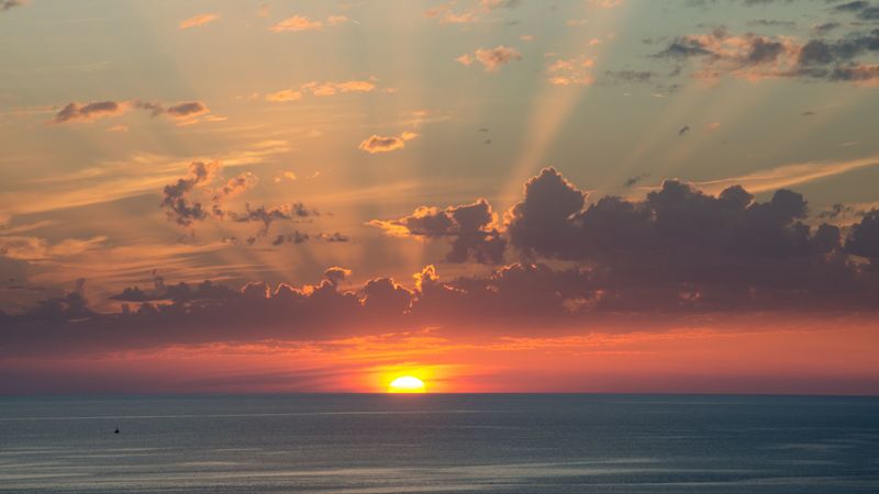 sun, sunset, horizon, sea, clouds, 4k