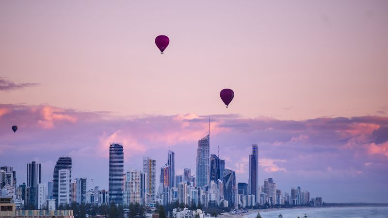 city, balloon, sunset, buildings, 4k