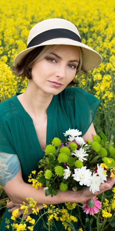 Women Model, Yellow Flower, Hazel Eyes, Rapeseed, Hat, 1080x2160