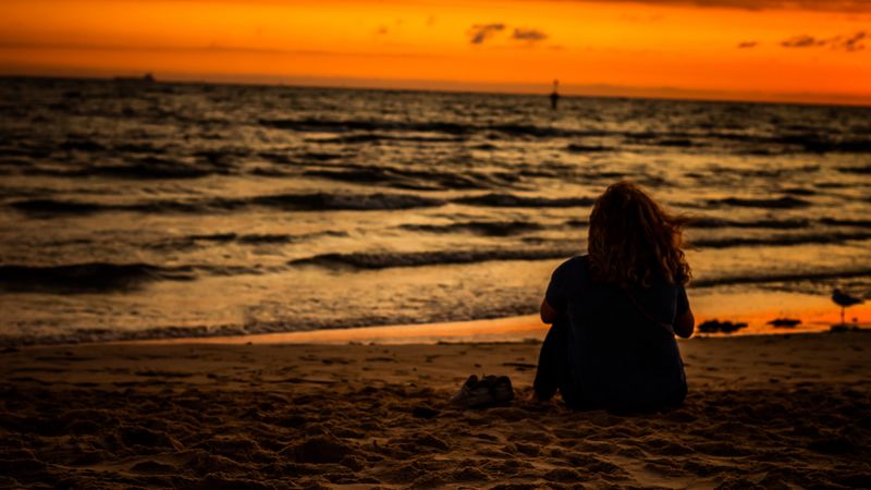 beach, woman, sunset, horizon, 4k