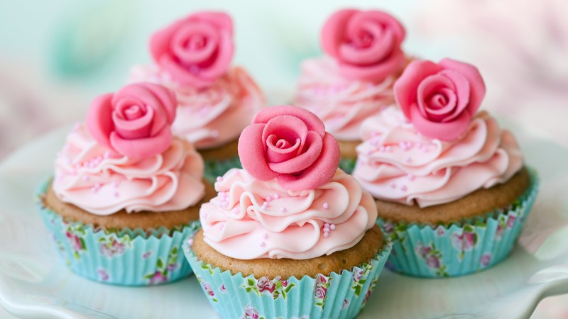muffins, desserts, pastries, cream, powdered sugar, flowers, roses
