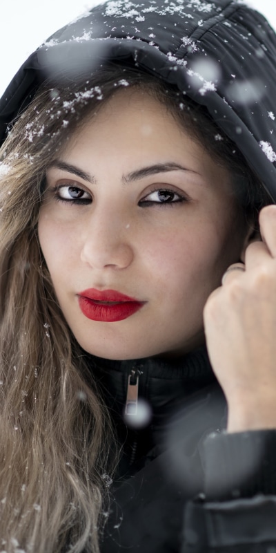 Women Model, Brown Eyes, Brunette, Hood, Lipstick, Winter, 1080x2160