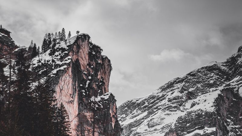 rocks, snow, snowy, trees, landform, 4k