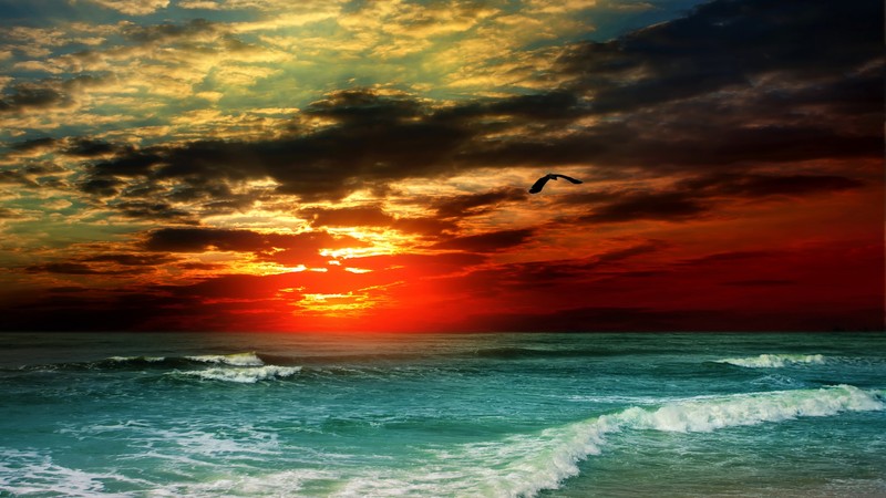 Sea, 4k, ocean, sunset, shore, clouds