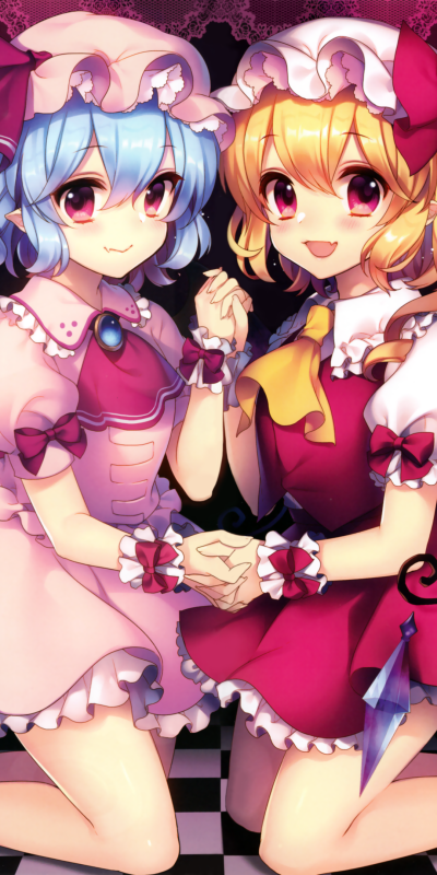 Anime Touhou, Flandre Scarlet, Red Eyes, Blue Hair, Blonde, Remilia Scarlet, 1080x2160
