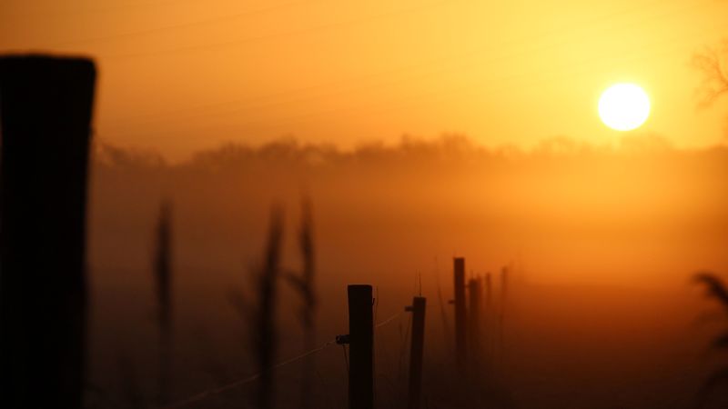 sunset, fence, fog, dusk, 4k