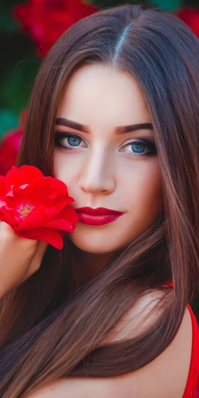Women Model, Lipstick, Long Hair, Brunette, Blue Eyes, Red Flower, 1080x2160