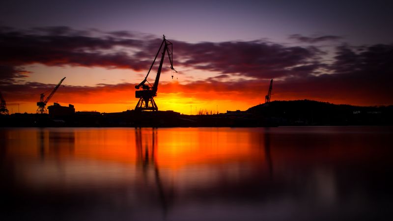 construction, water, sunset, reflection, 4k