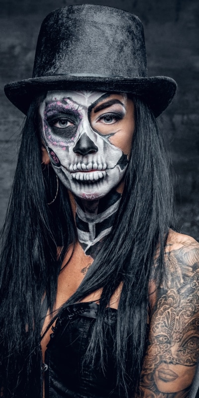 Women Tattoo, Blue Eyes, Sugar Skull, Hat, Makeup, 1080x2160