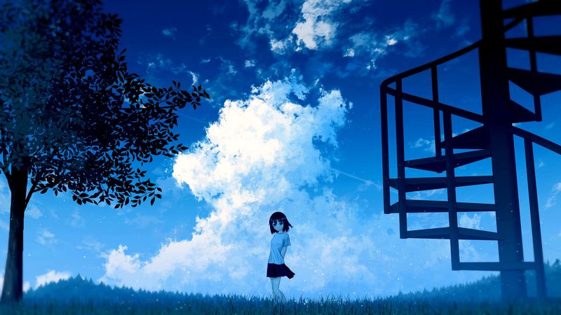 anime, girl, sky, clouds, 4k