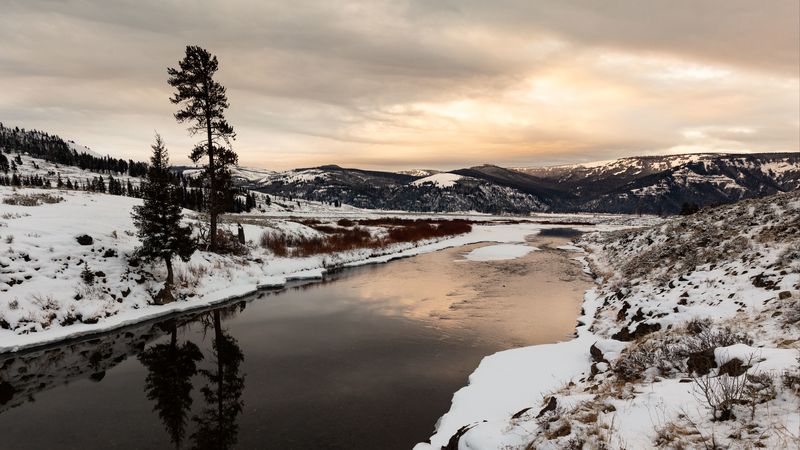 river, hills, snow, snowy, 4k