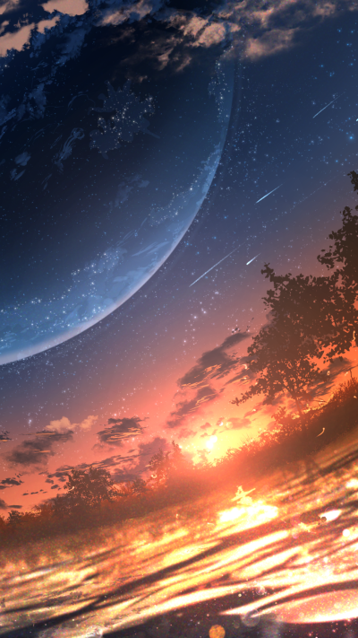 Anime Sunset, Lake, Planet, Shooting Star, Starry Sky, 1080x1920