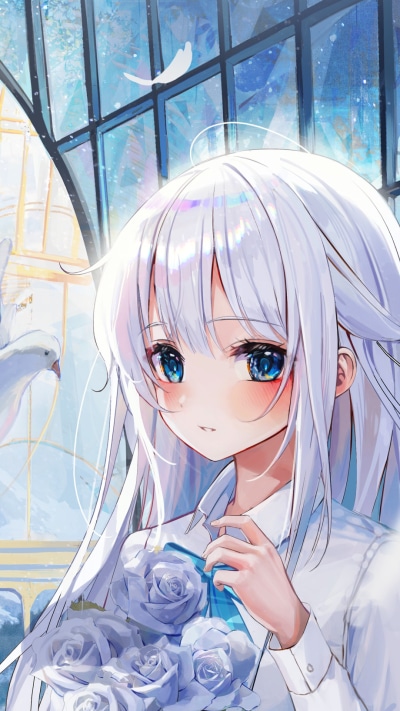 Anime Girl, Blue Eyes, White Hair, 1080x1920