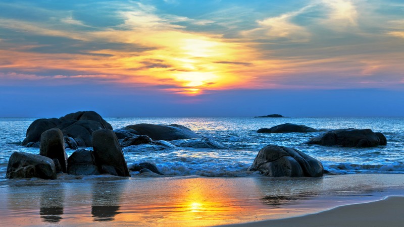 Sea, 4k, Pacific ocean, Best Beaches in the World, shore, stones, sunset
