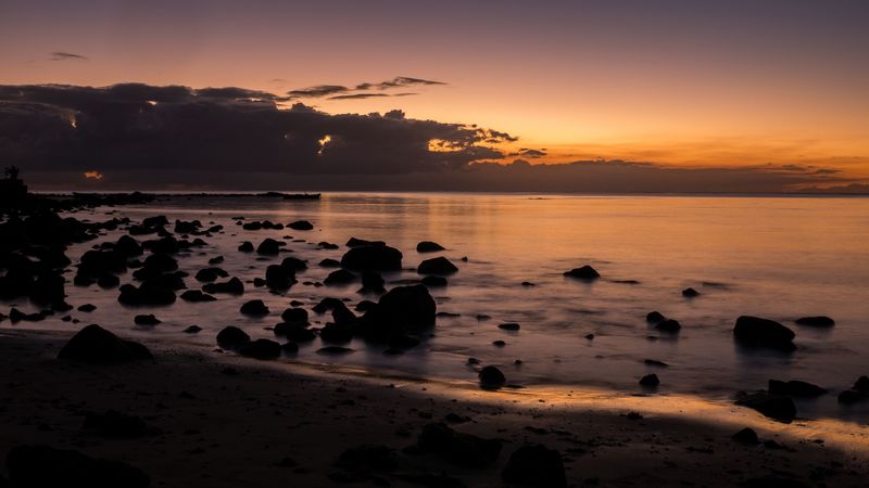 horizon, sunset, stones, blocks, 4k