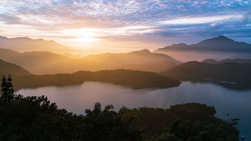 fog, sunset, forest, hills, 4k