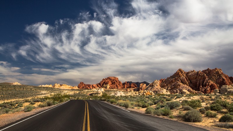 Las Vegas, 4k, 4K, the Valley of Fire State Park, road, clouds, mountain, valley, day, sky