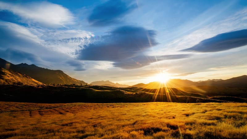 Meadows, HD, mountains, sunset, sky, clouds