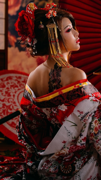 Women Geisha, Model, Lipstick, Asian, Brunette, Kimono, 1080x1920
