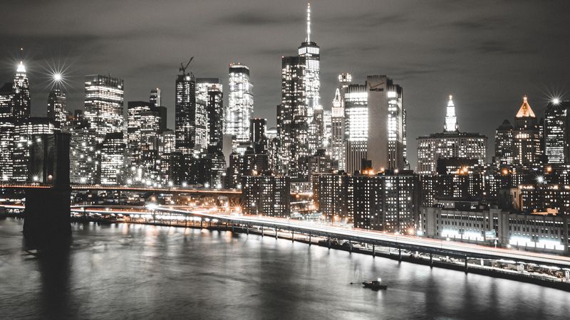 city, buildings, lights, coast, new york, 4k